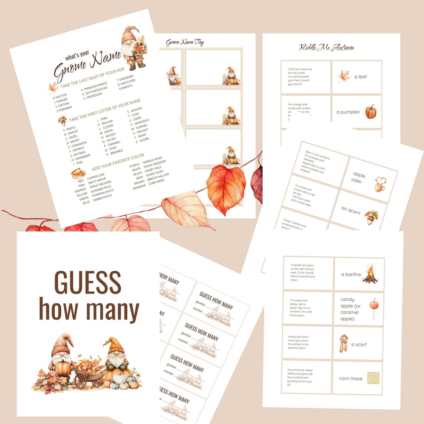 Set of autumn-themed printables with gnomes and leaves. What's your gnome name, Guess how many, and Riddle Me Autumn