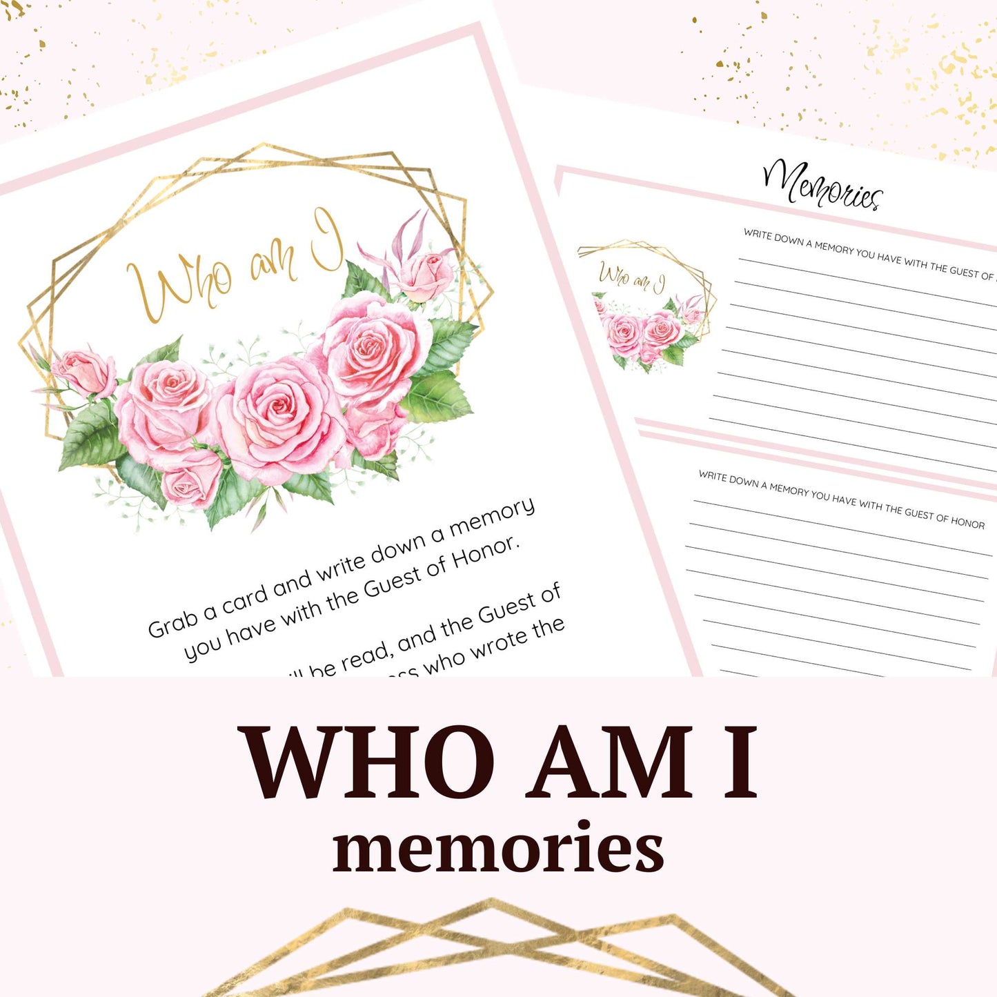 
                  
                    Who Am I printable birthday party game with pink roses and gold frames design.
                  
                