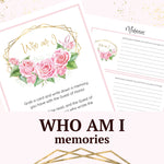 Who Am I printable birthday party game with pink roses and gold frames design.