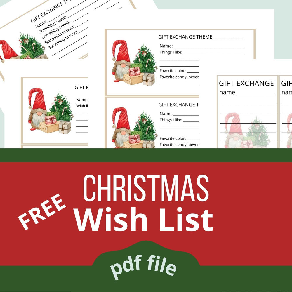 Free Christmas Gift Exchange Wish List Printable. Pdf file. A Christmas gnome standing next to a small Christmas tree decorated with candy canes.