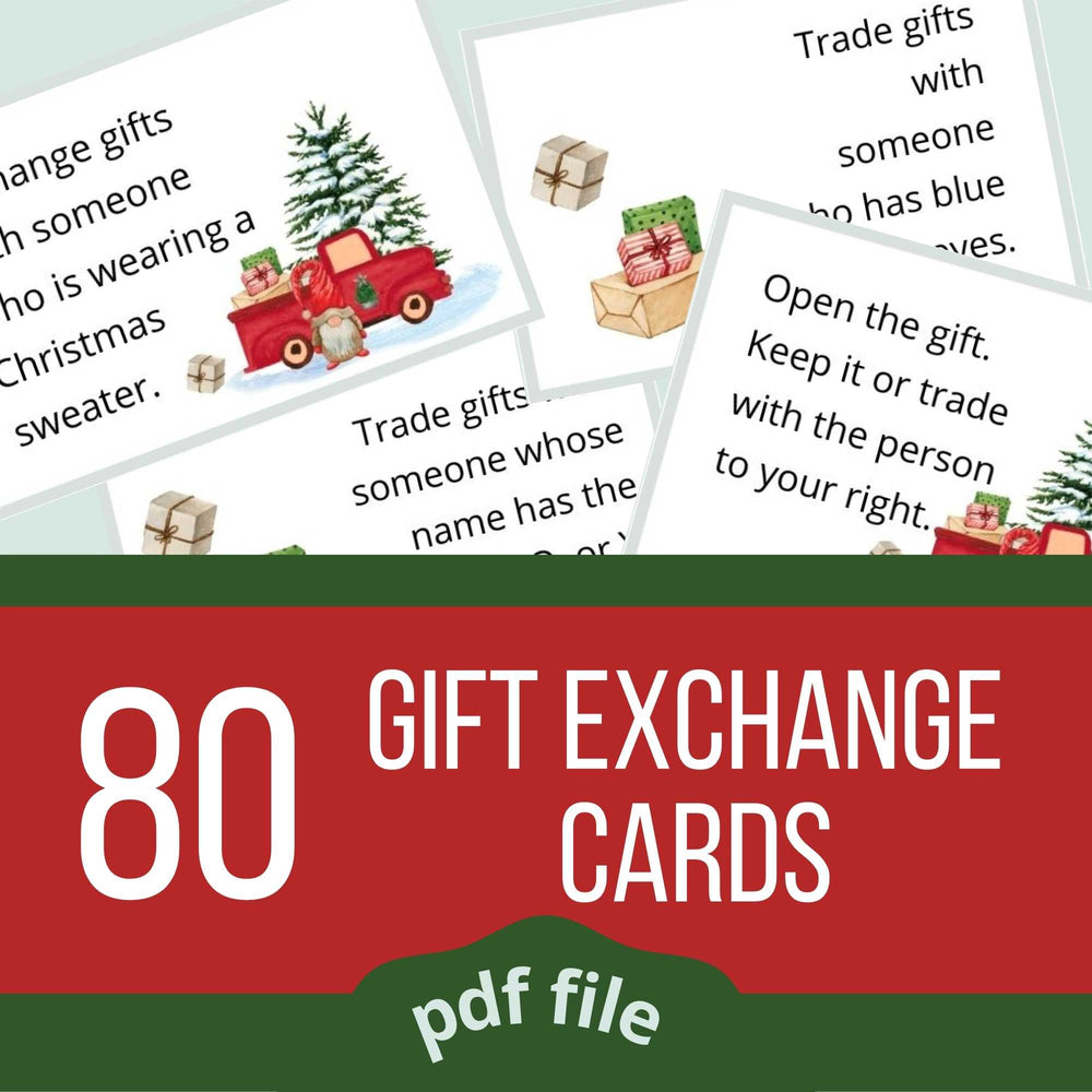 Christmas Gift Exchange Cards: exchange gifts with someone who is wearing a Christmas sweater. Trade gifts with someone who has blue eyes. Images of a gnome in front of a red pickup truck. A snow covered tree in the background. Some of the cards have images of wrapped presents.