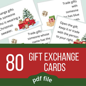 
                  
                    Christmas Gift Exchange Cards: exchange gifts with someone who is wearing a Christmas sweater. Trade gifts with someone who has blue eyes. Images of a gnome in front of a red pickup truck. A snow covered tree in the background. Some of the cards have images of wrapped presents.
                  
                