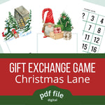 Christmas gift exchange game: Christmas lane a.k.a. Christmas Cakewalk. PDF file. A gnome in front of a house surrounded by snowy trees. A gnome standing next to a little tree and wrapped presents.