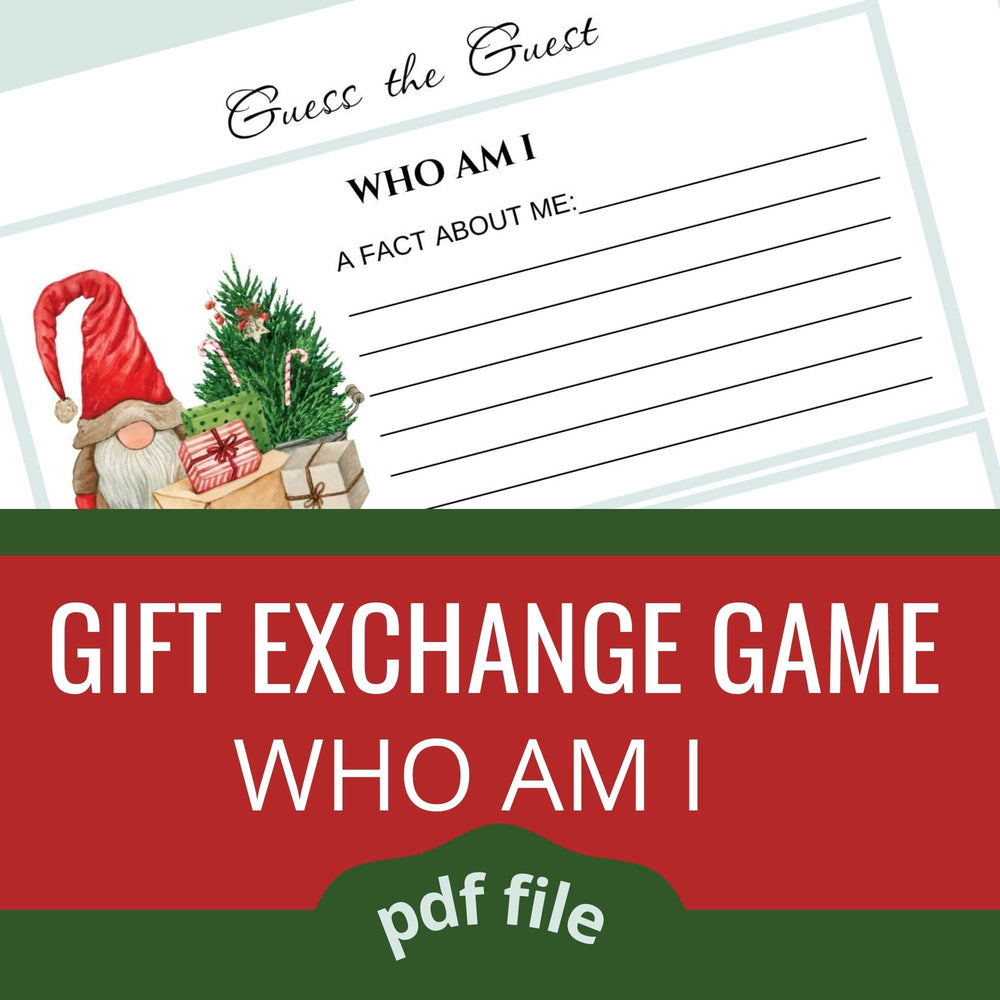 Gift Exchange Game Who Am I a.k.a. Guess the Guest. Printable pdf file. A gnome next to a little tree and wrapped presents.