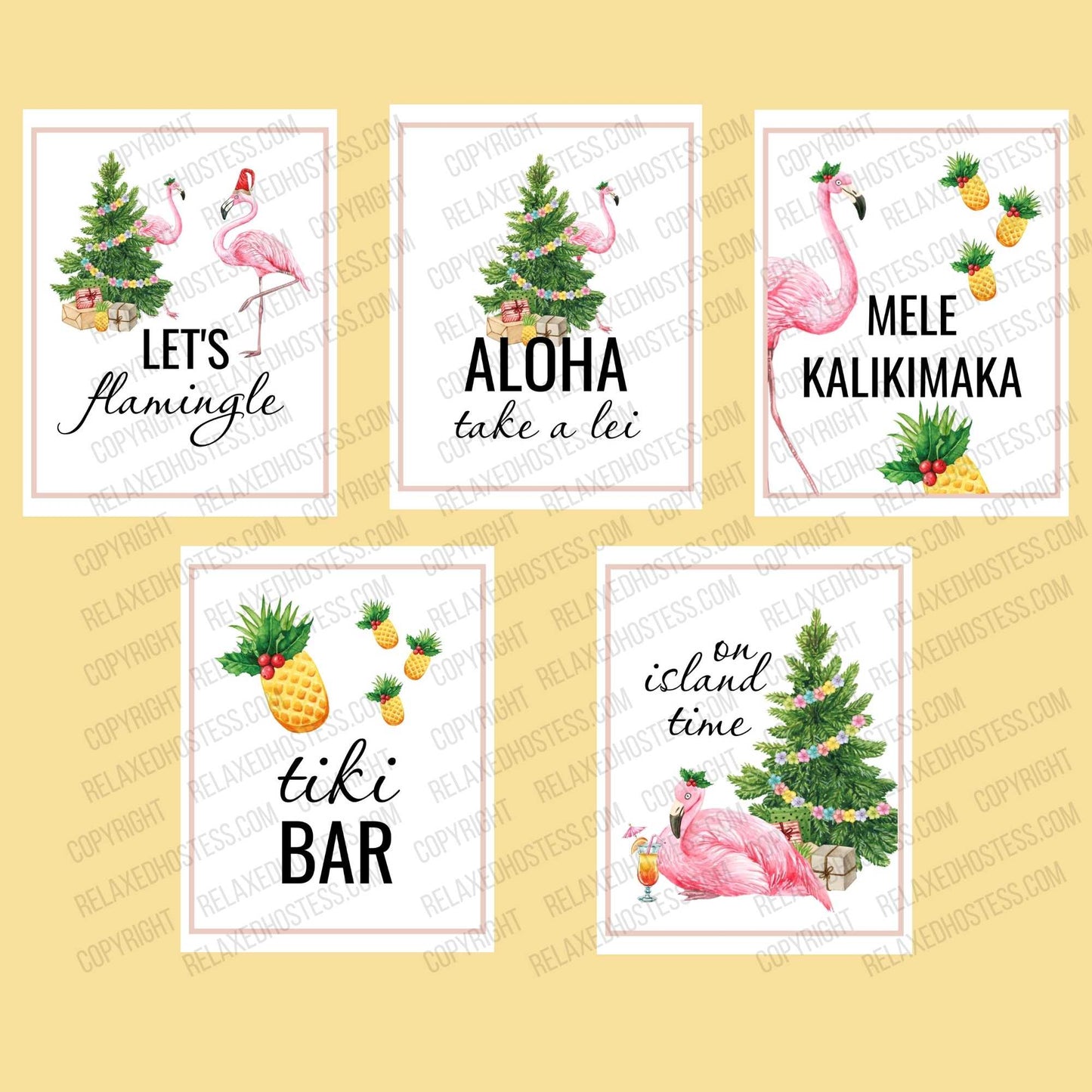 
                  
                    Christmas luau party decorations (signs.) Let's flamingle, aloha take a lei, mele kalikimaka, tiki bar, on island time. Festive designs combining flamingos, leis, pineapples with Christmas trees, presents, and holly.
                  
                