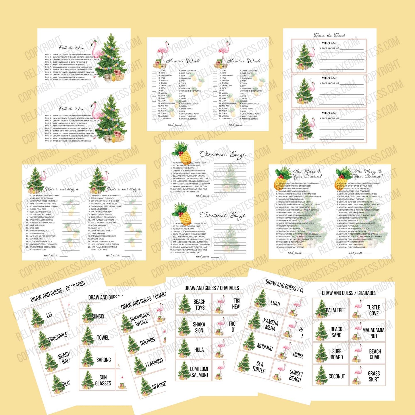 Christmas luau party games. Christmas songs, Hawaiian words, how merry is your Christmas, roll the dice gift exchange, who am I gift exchange, draw and guess, charades. Festive designs mixing pineapples, flamingos, leis with Christmas trees, holly, and presents.