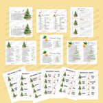 Christmas luau party games. Christmas songs, Hawaiian words, how merry is your Christmas, roll the dice gift exchange, who am I gift exchange, draw and guess, charades. Festive designs mixing pineapples, flamingos, leis with Christmas trees, holly, and presents.