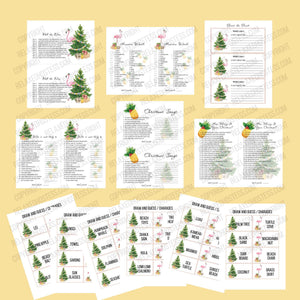 
                  
                    Christmas luau party games. Christmas songs, Hawaiian words, how merry is your Christmas, roll the dice gift exchange, who am I gift exchange, draw and guess, charades. Festive designs mixing pineapples, flamingos, leis with Christmas trees, holly, and presents.
                  
                