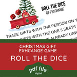 Roll the dice Christmas gift exchange. A gnome in a red pickup truck in front of a snow covered tree. Two dice bouncing in the back.
