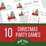 10 Christmas party games: find the guest, Christmas songs, this or that, how merry is your Christmas, Christmas pictionary. A Christmas gnome riding in a red pick up truck filled with presents.