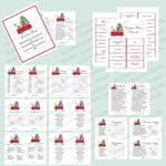 10 Christmas party games: find the guest, Christmas songs, this or that, how merry is your Christmas, Christmas pictionary, what's on your phone, Christmas a to z, Christmas songs, categories. A Christmas gnome riding in a red pick up truck filled with presents.