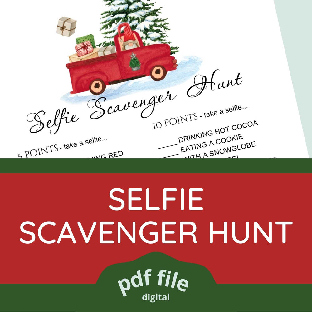Christmas Selfie Scavenger Hunt. Pdf. A gnome sitting in a red truck.