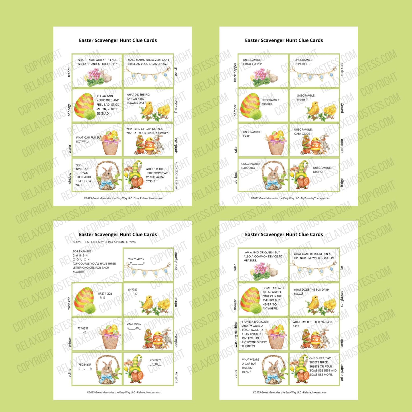 
                  
                    31 Easter Scavenger Hunt Clues for older kids. Printable pdf file. 16 riddles, 8 word scramble cards, and 7 code solving tasks. Images of Easter gnome, bunnies, Easter eggs,  and chicks.
                  
                