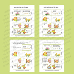 
                  
                    31 Easter Scavenger Hunt Clues for older kids. Printable pdf file. 16 riddles, 8 word scramble cards, and 7 code solving tasks. Images of Easter gnome, bunnies, Easter eggs,  and chicks.
                  
                