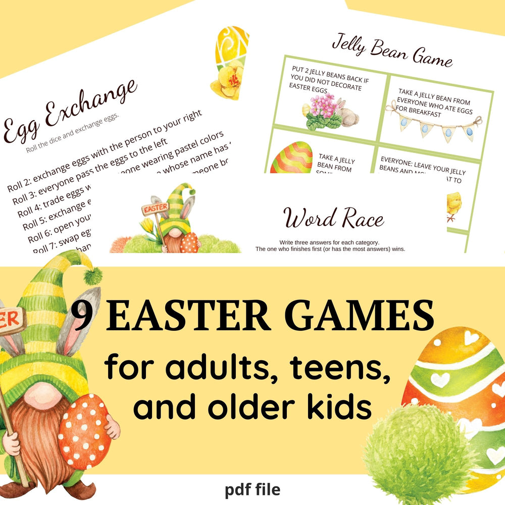 9 Easter games for adults teens, and older kids. Egg exchange (roll the dice game), Jelly Bean Game with action cards, Word race, etc. Fun images of an Easter gnome, bunnies, and Easter eggs.