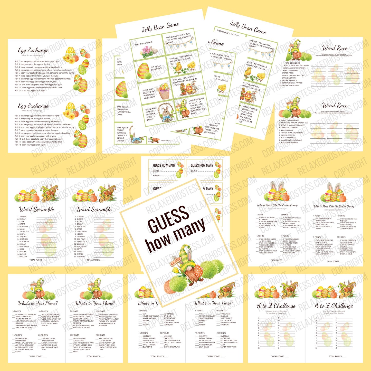 Easter games for adults and teens: Egg exchange, Jelly Bean Game with 32 action cards, Word Race, Word Scramble, Guess how many, Who is most like the Easter Bunny What's in your phone, What's in your purse, A to Z challenge. Images of An Easter gnome, Easter eggs, and bunnies.