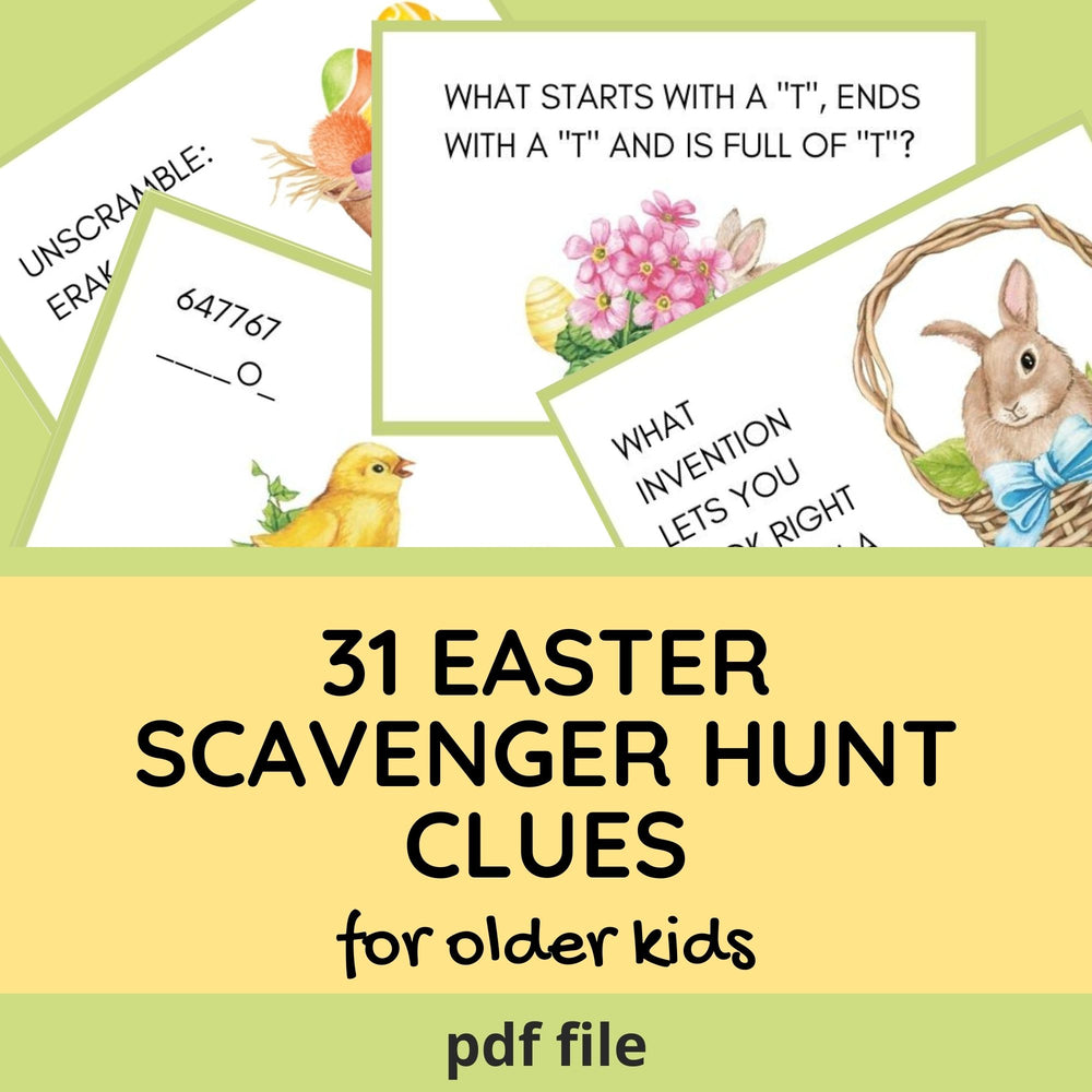 31 Easter Scavenger Hunt Clues for older kids. Printable pdf file. Riddles, word scramble, and codes. Images of bunnies, Easter eggs, chicks.