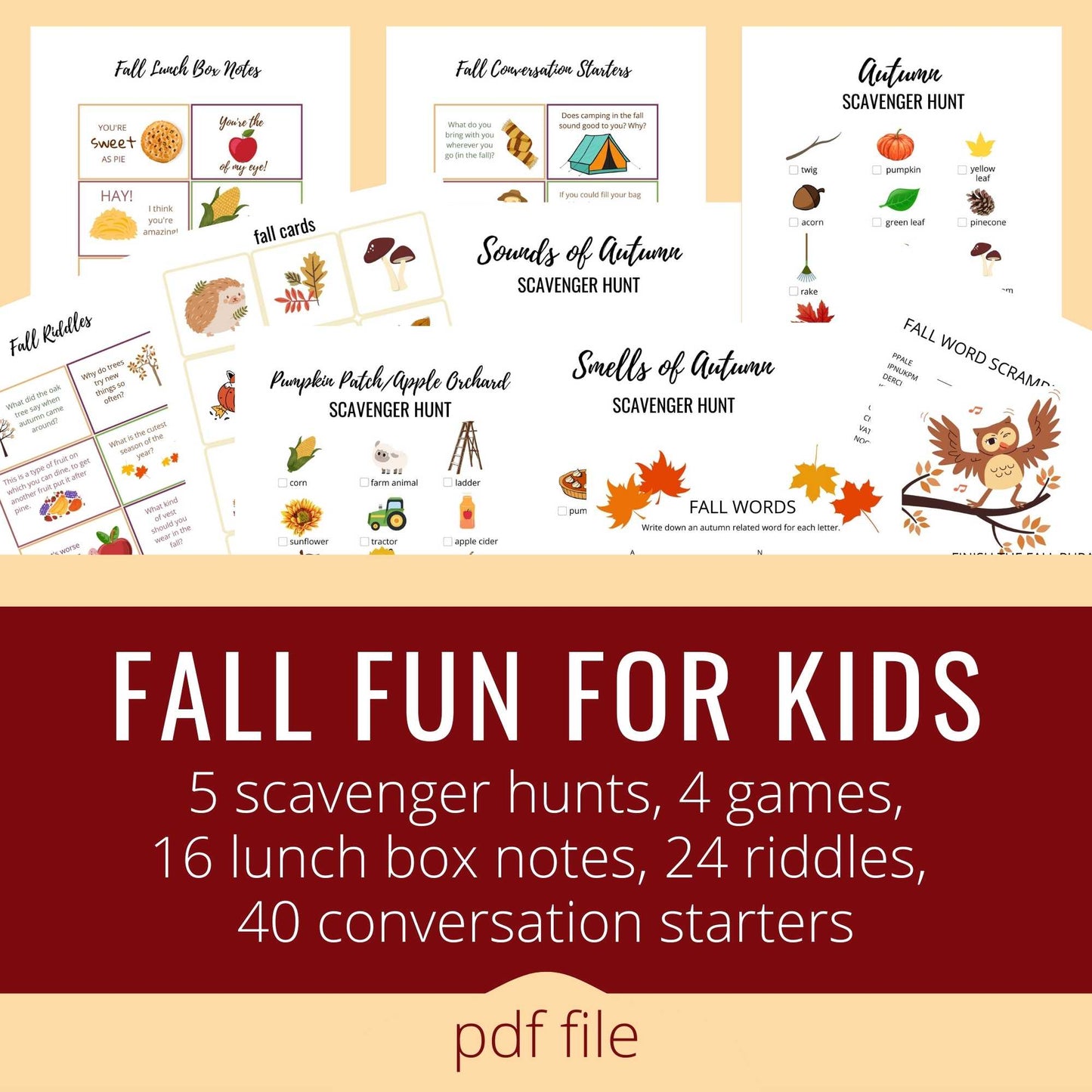 
                  
                    Fall fun for kids. Printable autumn scavenger hunts, games, fall lunch box notes, autumn riddles, fall conversation starters for kids.
                  
                