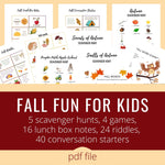 Fall fun for kids. Printable autumn scavenger hunts, games, fall lunch box notes, autumn riddles, fall conversation starters for kids.