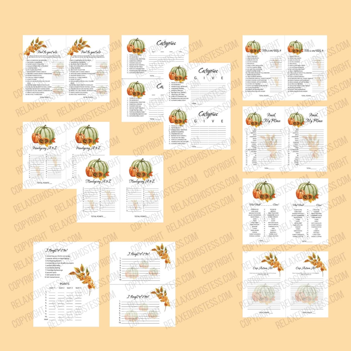 Thanksgiving Games for Adults. Pdf file. Games such as find the guest, finish my phrase, who is most likely to, Thanksgiving a to z, Friendsgiving, a to z, I thought of it too and categories. Images of green and orange pumpkins, sunflowers, and leaves.