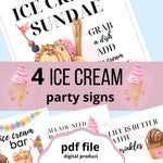 Ice cream party signs with pretty images of ice cream sundaes and cones. Ice cream sundae bar, make your own ice cream sundae, all you need is love and ice cream, life is better with sprinkles