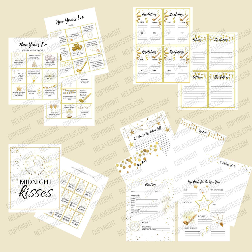 
                  
                    Gold themed New Year's Eve printables for kids. New Year's Eve conversation starters, jokes, resolutions, midnight kisses, year in review, goals for the new year.
                  
                
