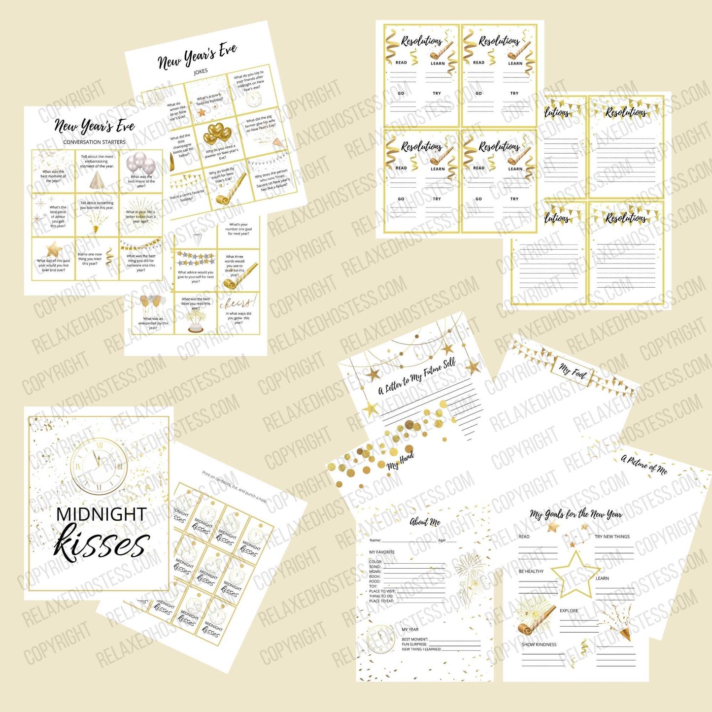 Gold themed New Year's Eve printables for kids. New Year's Eve conversation starters, jokes, resolutions, midnight kisses, year in review, goals for the new year.