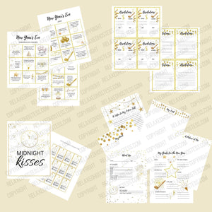 
                  
                    Gold themed New Year's Eve printables for kids. New Year's Eve conversation starters, jokes, resolutions, midnight kisses, year in review, goals for the new year.
                  
                