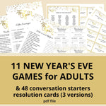 11 New Year's Eve games for adults, 48 conversation starters, resolutions cards. Pdf file. Gold glitter and gold Happy New Year.