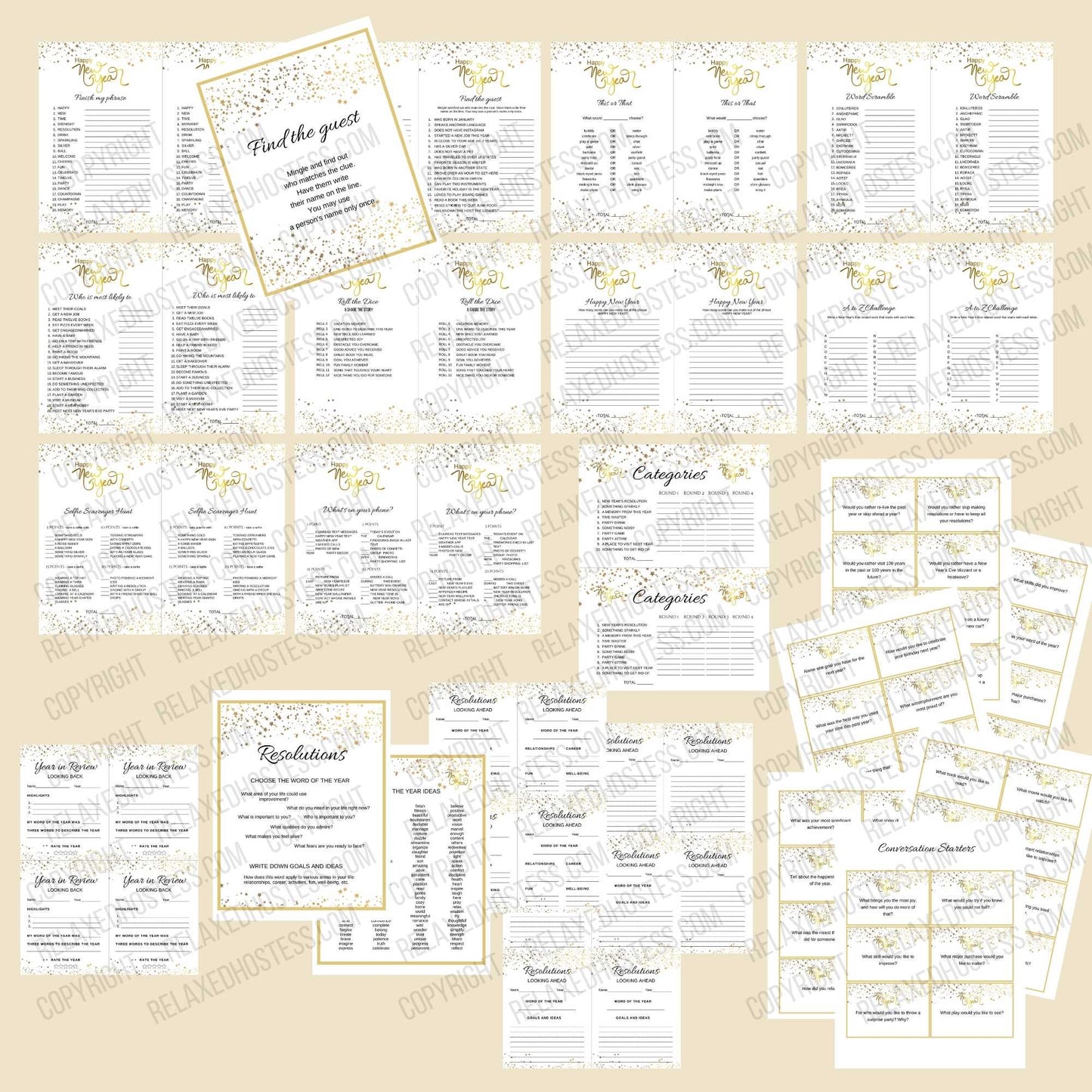 11 New Year's Eve games for adults, 48 conversation starters, resolutions cards. Pdf file. Gold glitter and gold Happy New Year. Find the guest, who is most likely to, categories, this or that, selfie scavenger hunt