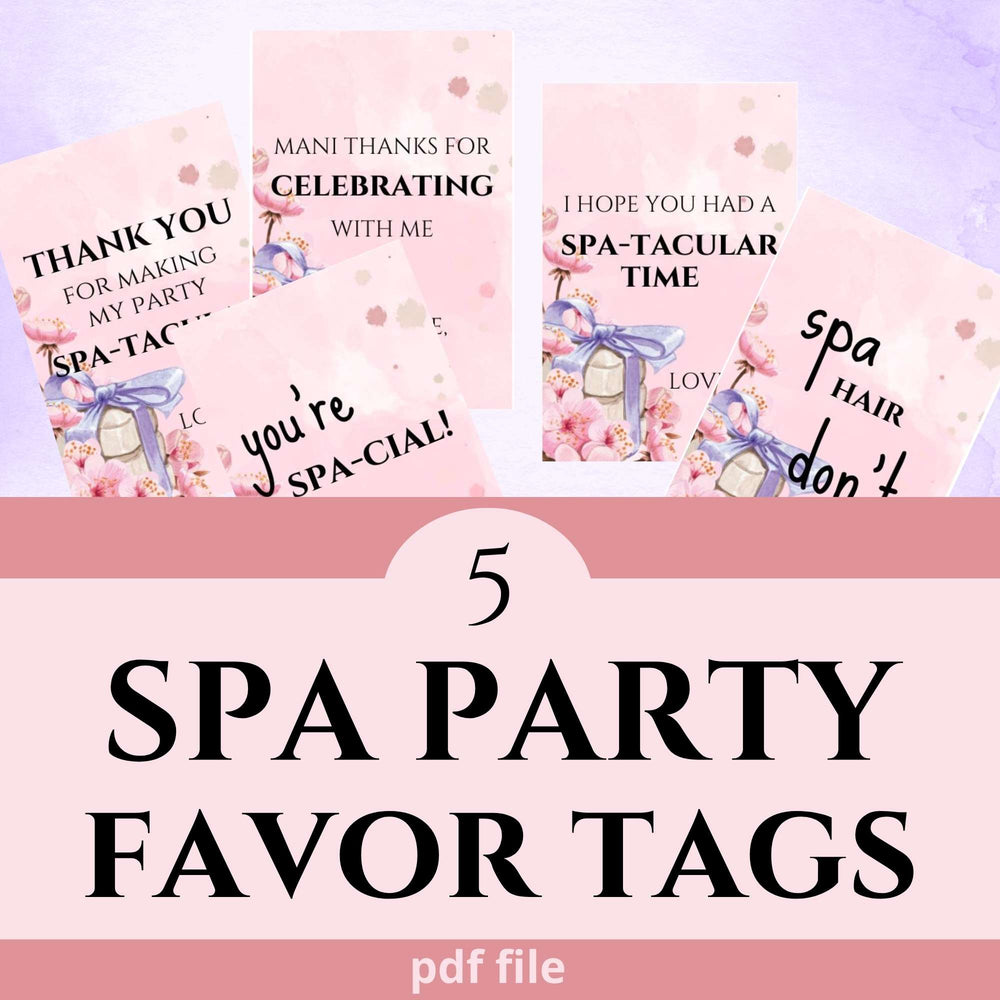 Beautiful spa party favor tags. Pink flowers and a stack of soap wrapped with a purple ribbon. Thank you for making my party spa-tacular, mani thanks for celebrating with me, I hope you had a spa-tacular time, you're spa-cial, spa hair dont' care.