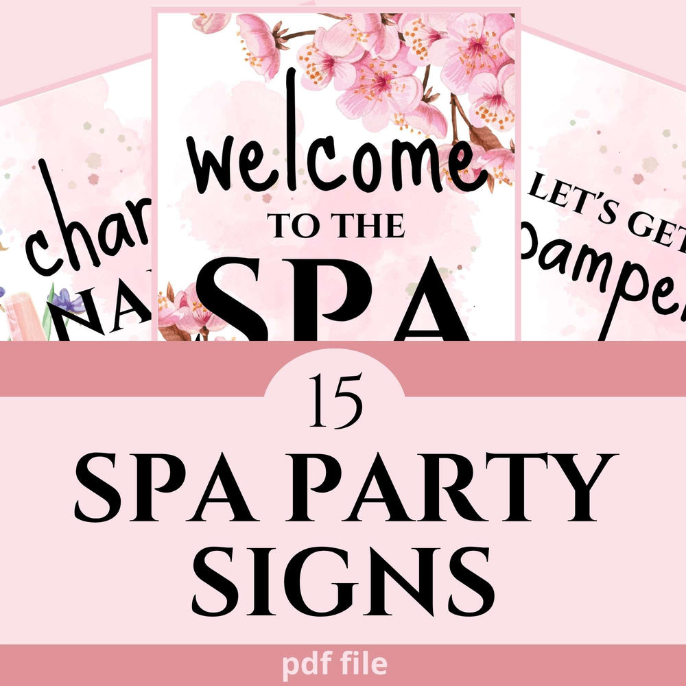 Spa party signs, pdf file. Charming nails, welcome to the spa, let's get pampered. Pink flowers, purple flowers.