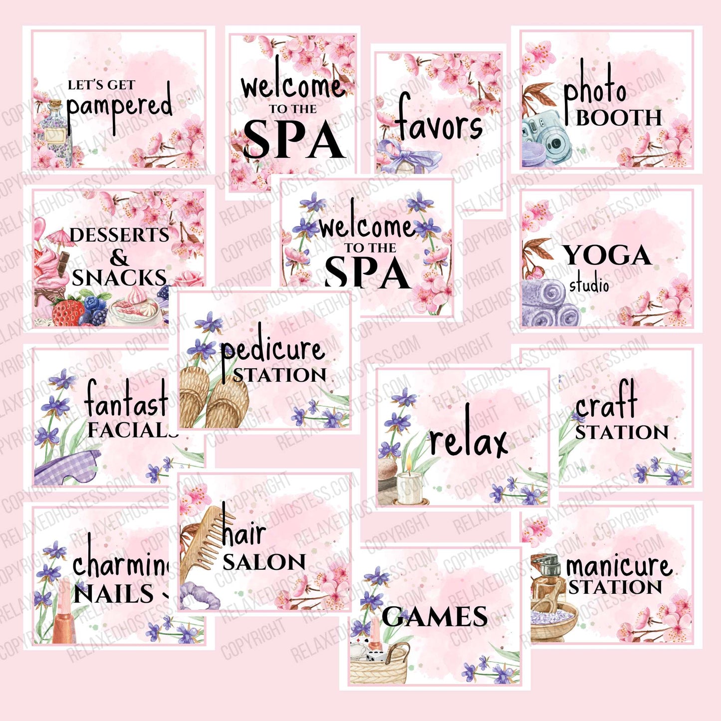 Spa party signs with gorgeous designs of pink or purple flowers with various spa items such as towels, combs, nail polish. Let's get pampered, welcome to the spa, favors, photo booths, desserts and snacks, welcome to the spa #2, yoga studio, fantastic facials, pedicure station, relax, craft station, charming nails, hair salon, games,  manicure station.