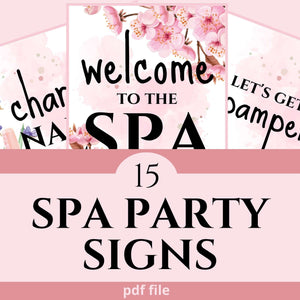 
                  
                    Spa party signs, pdf file. Charming nails, welcome to the spa, let's get pampered. Pink flowers, purple flowers.
                  
                