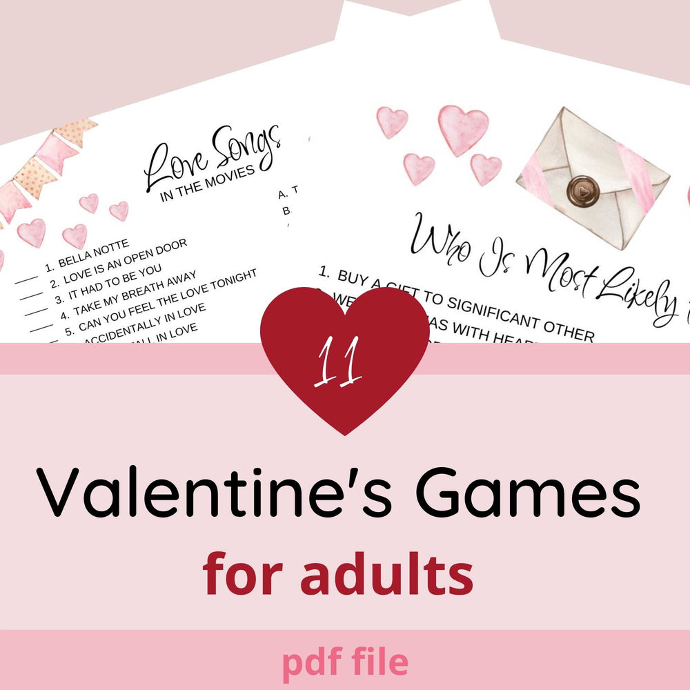 Valentine's Games for adults. Valentine's games for couples. Love songs in the movies, who is most likely to. Pretty banner and hearts design and a sealed letter and hearts