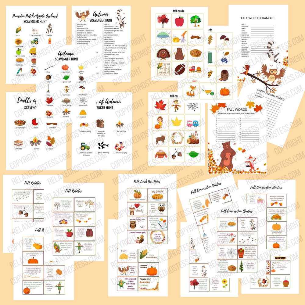 
                  
                    Fall fun for kids. Printable autumn scavenger hunts, games, fall lunch box notes, autumn riddles, fall conversation starters for kids. GAmes: fall word scramble, finish the fall phrase, autumn a to z, fall cards to be used as a memory game, story starters, etc.
                  
                