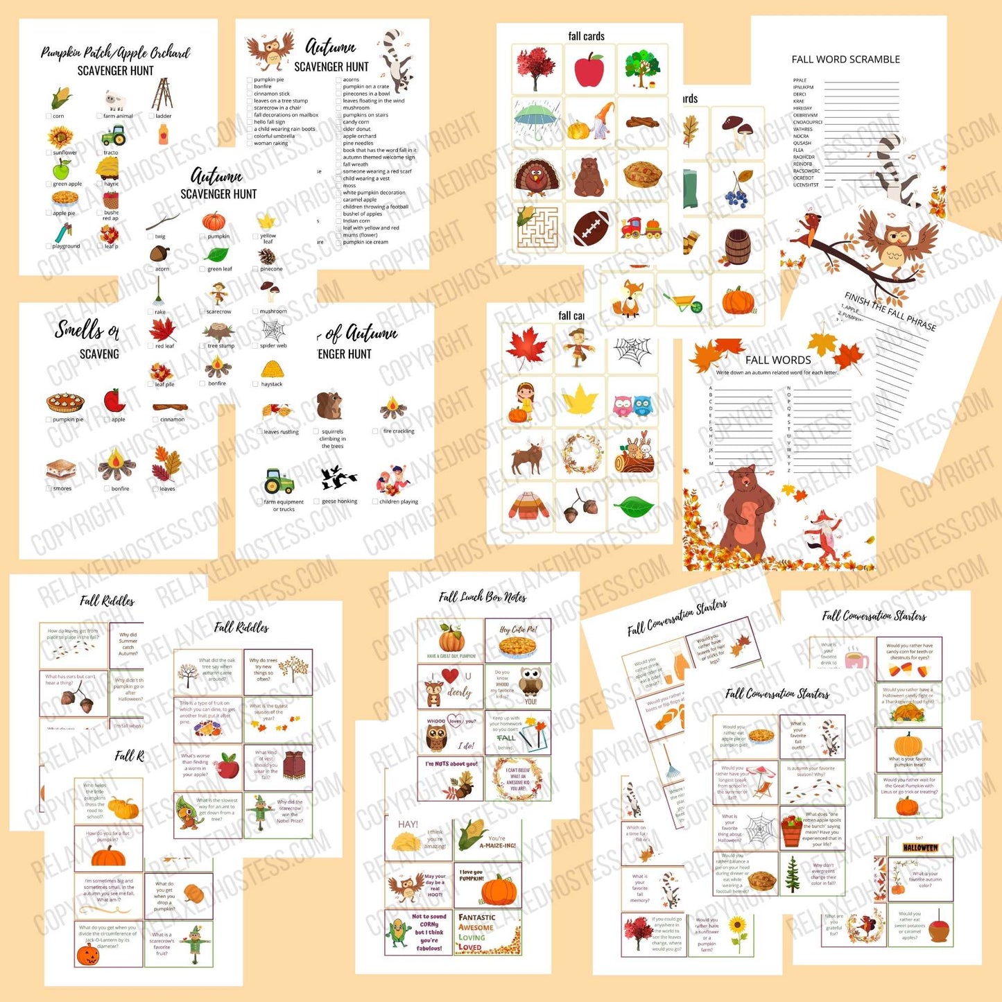 Fall fun for kids. Printable autumn scavenger hunts, games, fall lunch box notes, autumn riddles, fall conversation starters for kids. GAmes: fall word scramble, finish the fall phrase, autumn a to z, fall cards to be used as a memory game, story starters, etc.