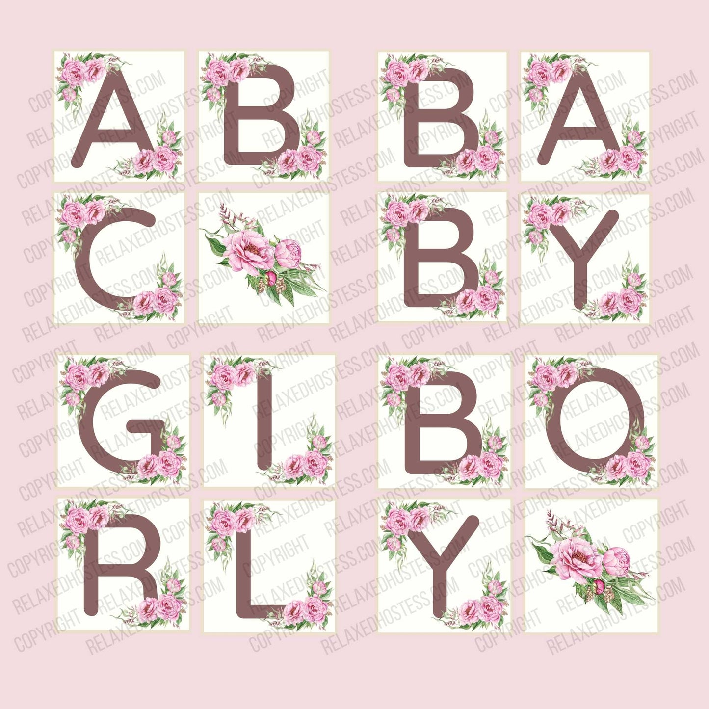 Letter squares for mini diaper cakes: abc, baby, girl, boy. Brown letters on creamy background, pink flowers in the upper and bottom corner. A square with a flower bouquet.