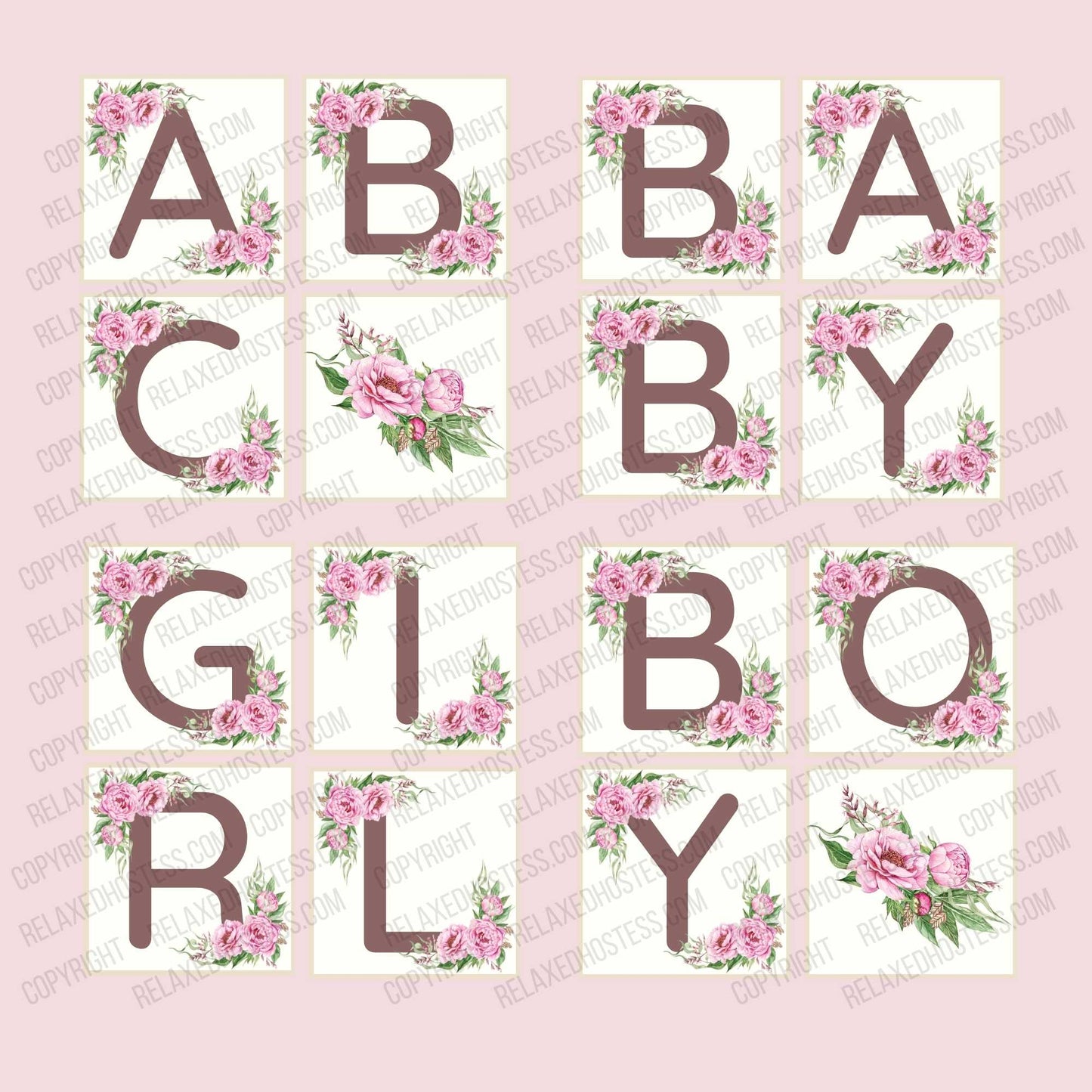 
                  
                    Letter squares for mini diaper cakes: abc, baby, girl, boy. Brown letters on creamy background, pink flowers in the upper and bottom corner. A square with a flower bouquet.
                  
                