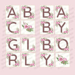 Letter squares for mini diaper cakes: abc, baby, girl, boy. Brown letters on creamy background, pink flowers in the upper and bottom corner. A square with a flower bouquet.