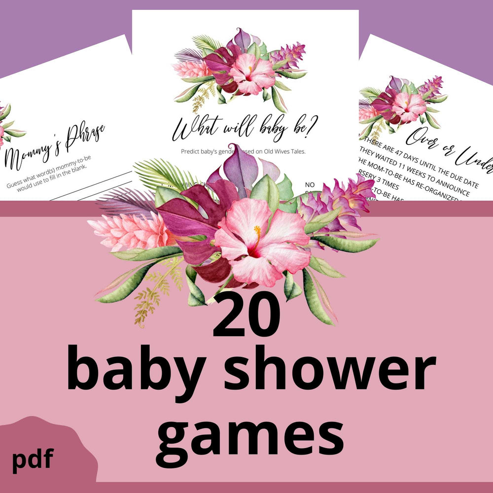 20 baby shower games: mommy's phrase, what will baby be, over or under . Luau baby shower games with images of pink hibiscus and ginger flowers surrounded with purple leaves and greenery. Printable pdf.