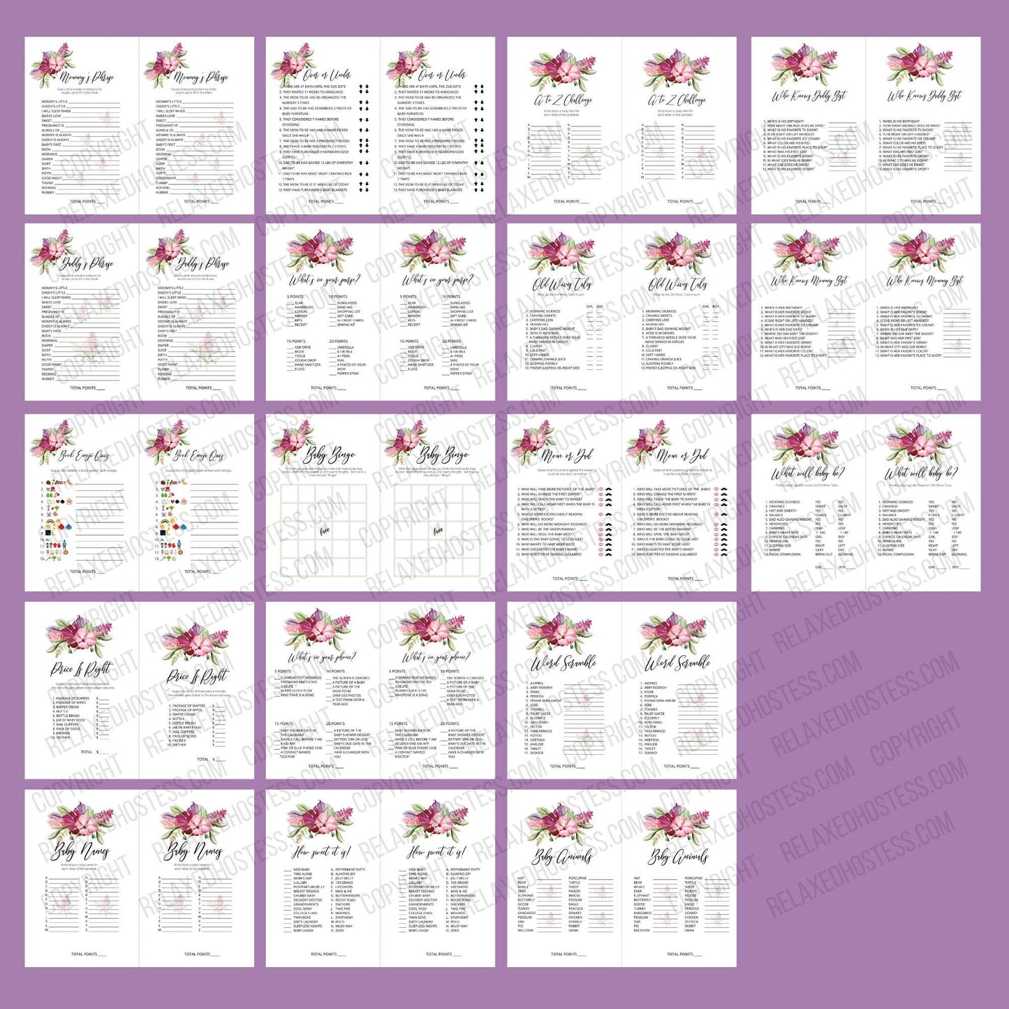 20 baby shower games: mommy's phrase, what will baby be, over or under, bingo, book emoji quiz, how sweet it is, baby animals, word scramble mom or dad what daddy's phrase, baby items, what's in your purse, price is right, what's in your phone.. Luau baby shower games with images of pink hibiscus and ginger flowers surrounded with purple leaves and greenery. Printable pdf.