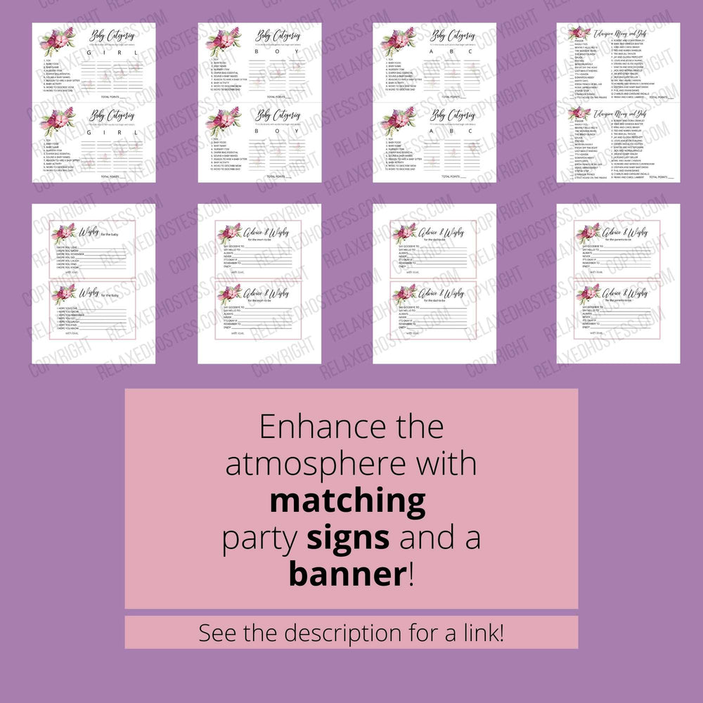 
                  
                    20 baby shower games: baby categories (abc, boy, girl), wishes for the mom, dad, parents, baby. . Luau baby shower games with images of pink hibiscus and ginger flowers surrounded with purple leaves and greenery. Printable pdf. Enhance the atmosphere with matching party signs and a a banner. See the description for a link.
                  
                