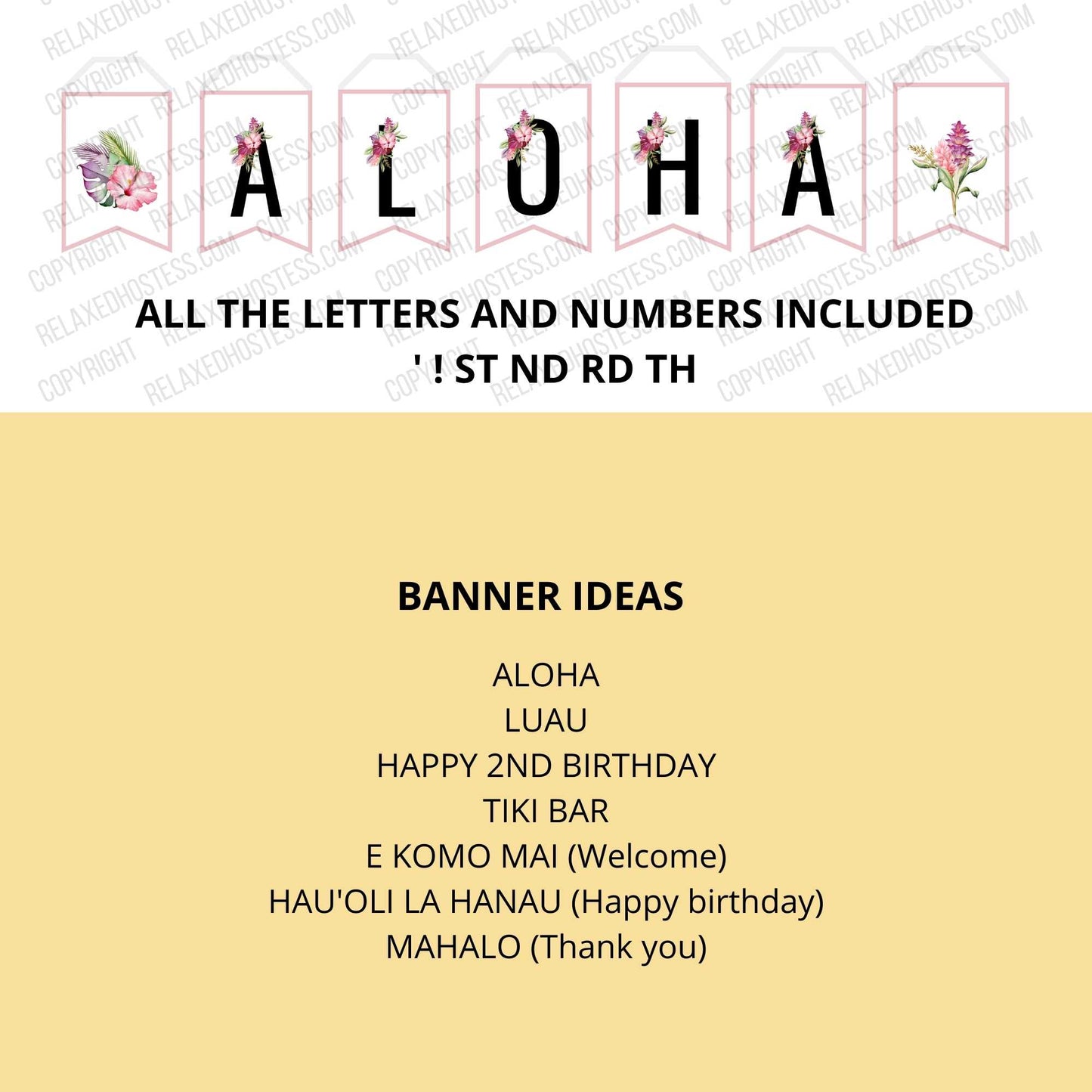 Aloha Banner with hibiscus, purple leaves and greenery. All the letters and numbers included. Total of 44 luau banner flags. Ideas: aloha, luau, birthday, tiki bar, e komo mai, mahalo, hau'oli la hanau