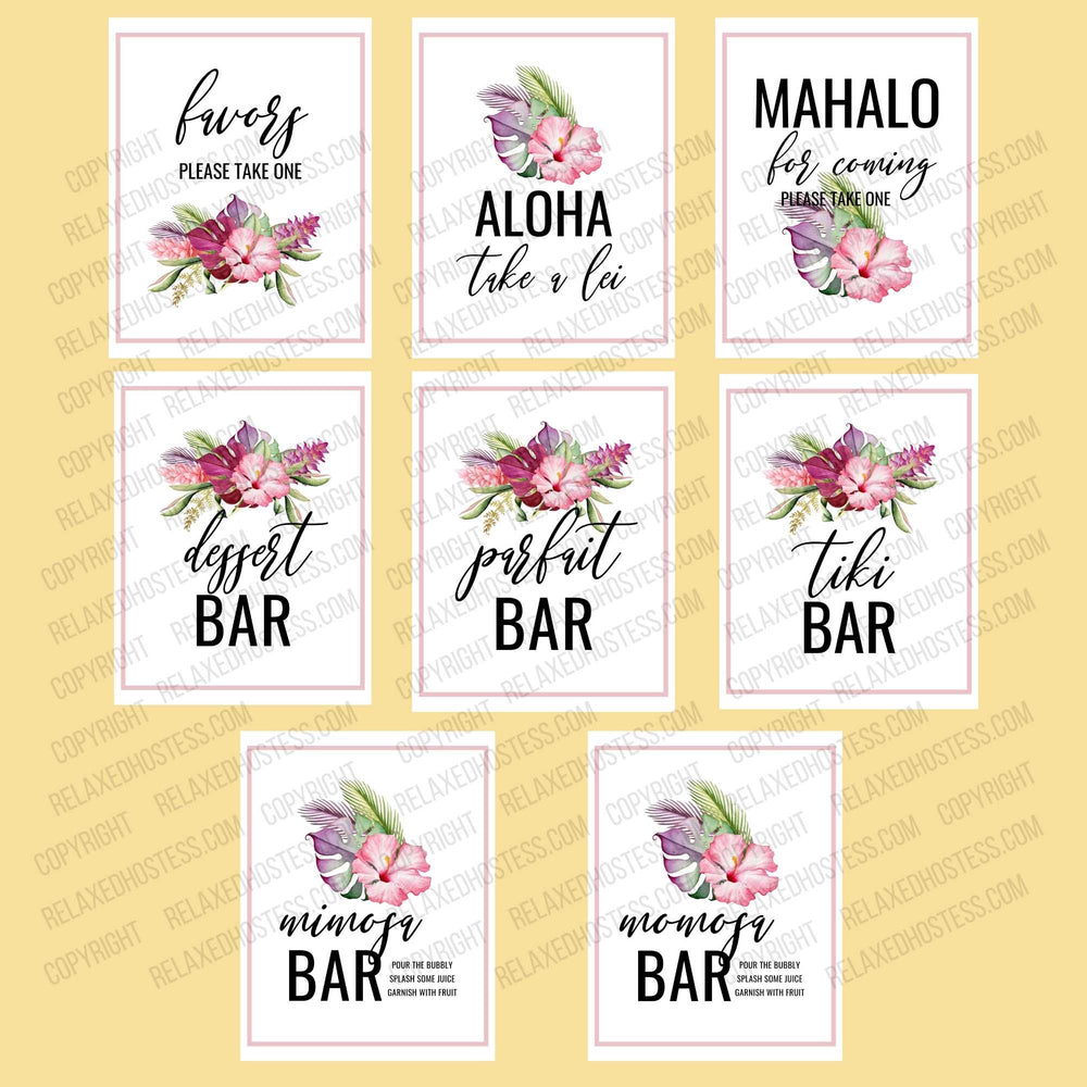 
                  
                    Luau party signs printable: pink hibiscus surrounded by purple leaves, ginger flowers and greenery. Signs: favors please take one, aloha take a lei, mahalo for coming please take one, dessert bar parfait bar, tiki bar, mimosa bar, momosa bar.
                  
                