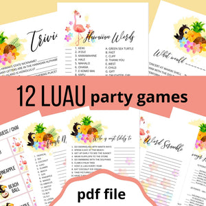 
                  
                    12 luau party games with fun tropical images of pineapple, fowers, flamingo etc. Games: trivia, hawaiian words, this or that, finish my phrase, who is most likely to , word scramble, selfie scavenger hunt, charades
                  
                