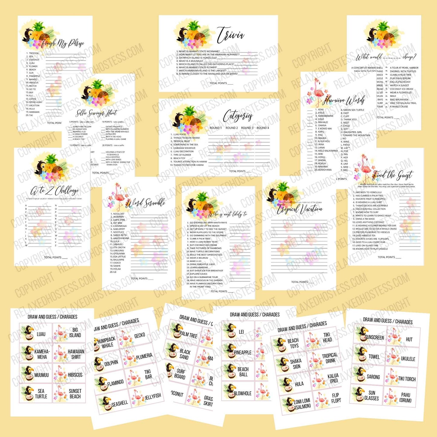 12 luau party games with fun tropical images of pineapple, fowers, flamingo etc. Games: trivia, hawaiian words, this or that, finish my phrase, who is most likely to , word scramble, selfie scavenger hunt, charades, tropical vacation, find the guest, categories, a to z, word scramble