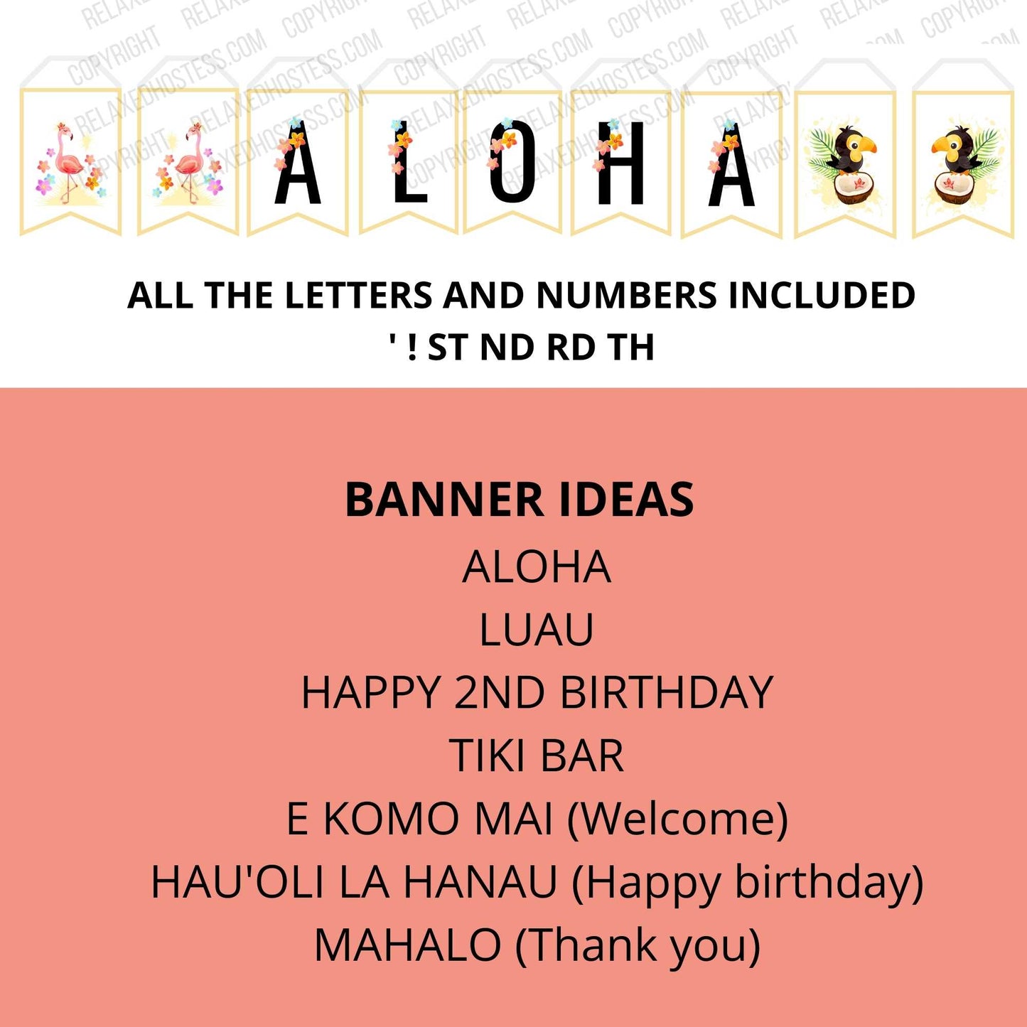 Aloha Banner. Luau banner flags, all the letters and numbers included. Banner ideas: aloha, luau, happy 2nd birthday, tiki bar, e komo mai (welcome), hauoli la hanau (happy birthday), mahalo (thank you)