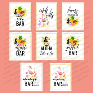 
                  
                    Luau banners and signs. Fun tropical images of flowers, toucans, flamingos, pineapple, coconuts. Tiki bar, card and gifts, favors please take one, dessert bar, aloha take a lei, parfait bar, momosa bar, mimosa bar.
                  
                