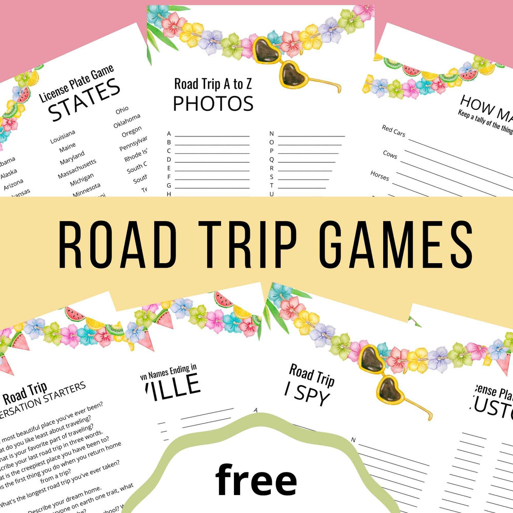 Free printable road trip game. License plate game, road trip a to z photos, how many, road trip conversation starters, town names ending in ville, road trip I spy, custom license plate